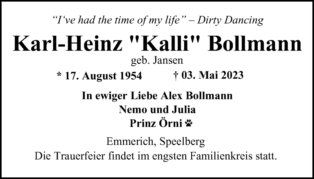  Traueranzeige für Karl-Heinz Bollmann vom 13.05.2023 aus Tageszeitung