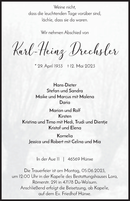 Traueranzeige von Karl-Heinz Drechsler von Tageszeitung