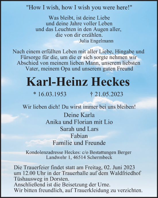 Traueranzeige von Karl-Heinz Heckes von Tageszeitung