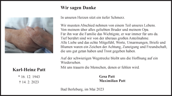Traueranzeige von Karl-Heinz Patt von Tageszeitung