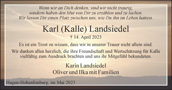 Traueranzeige von Karl Landsiedel von Tageszeitung