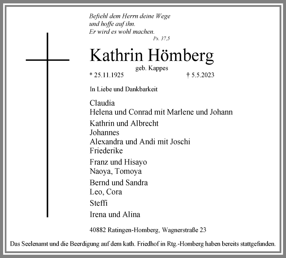  Traueranzeige für Kathrin Hömberg vom 13.05.2023 aus Tageszeitung