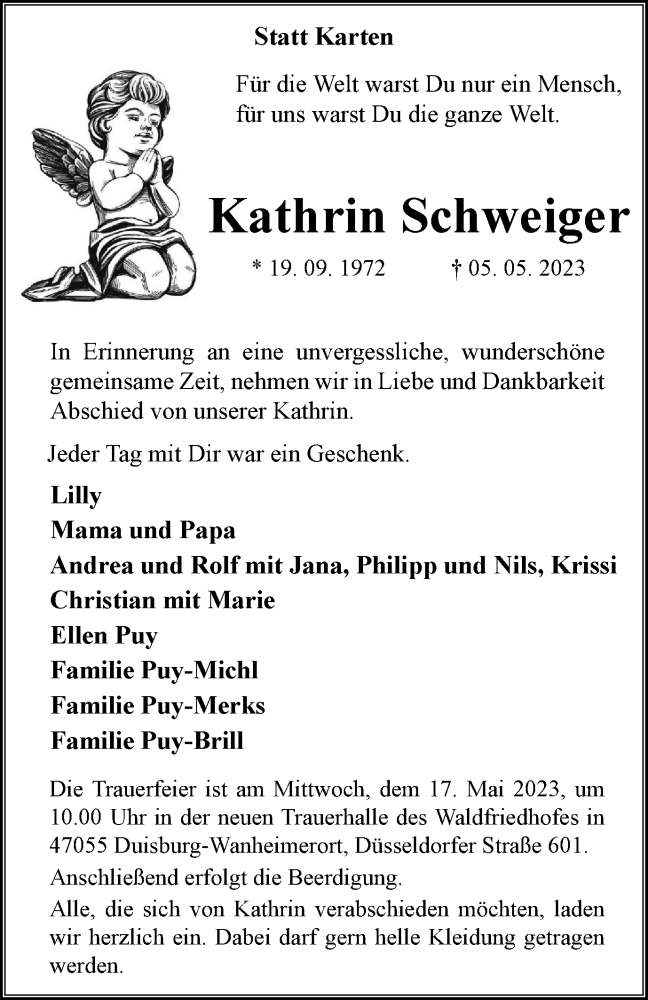  Traueranzeige für Kathrin Schweiger vom 13.05.2023 aus Tageszeitung