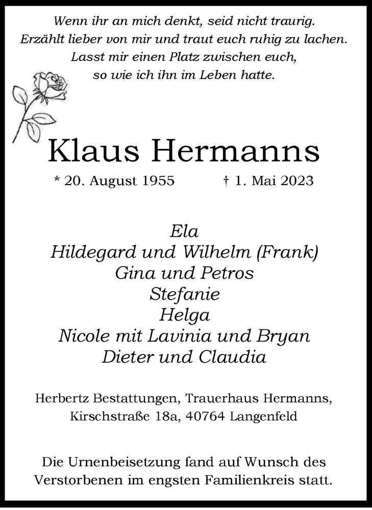 Traueranzeige für Klaus Hermanns vom 27.05.2023 aus Tageszeitung