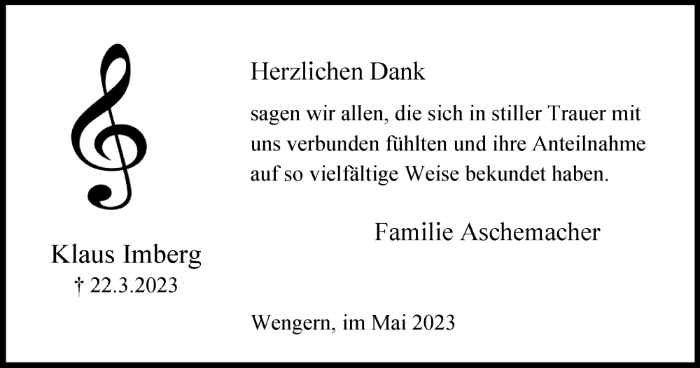  Traueranzeige für Klaus Imberg vom 13.05.2023 aus Tageszeitung