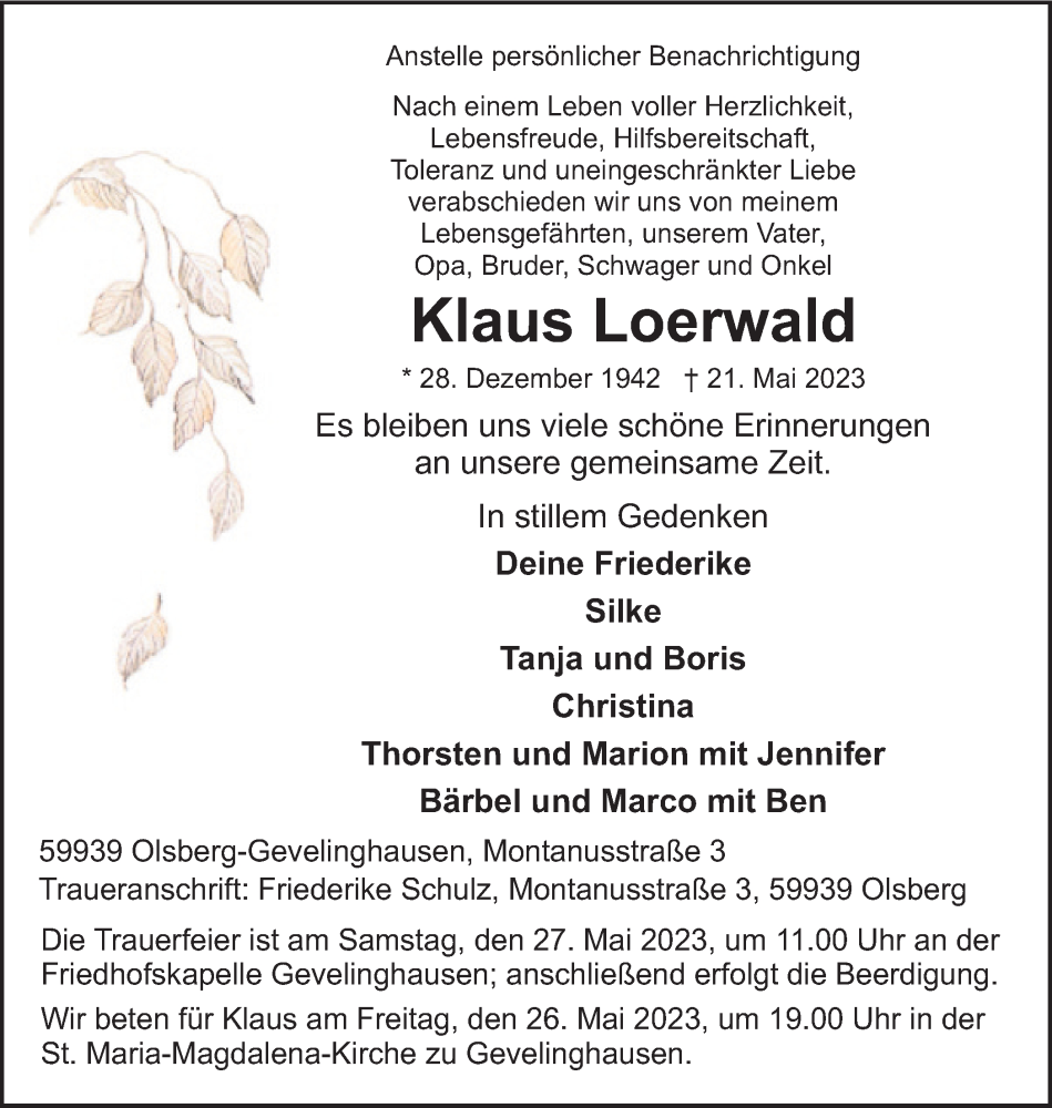  Traueranzeige für Klaus Loerwald vom 24.05.2023 aus Tageszeitung