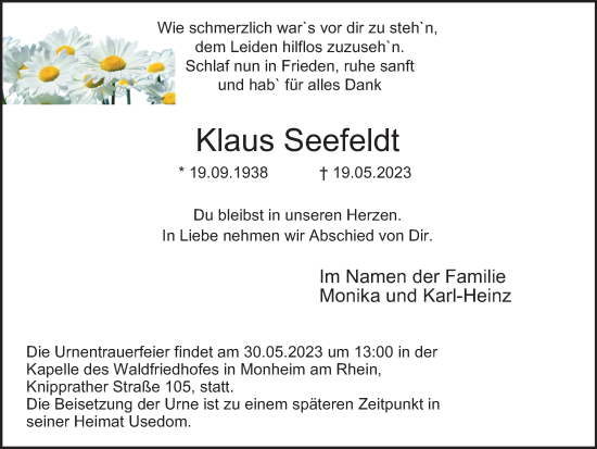 Traueranzeige von Klaus Seefeldt von Tageszeitung