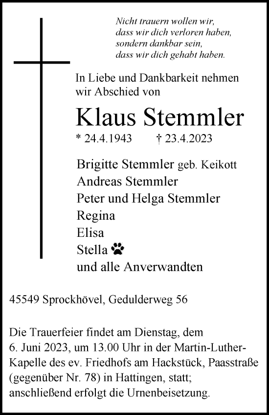 Traueranzeige von Klaus Stemmler von Tageszeitung