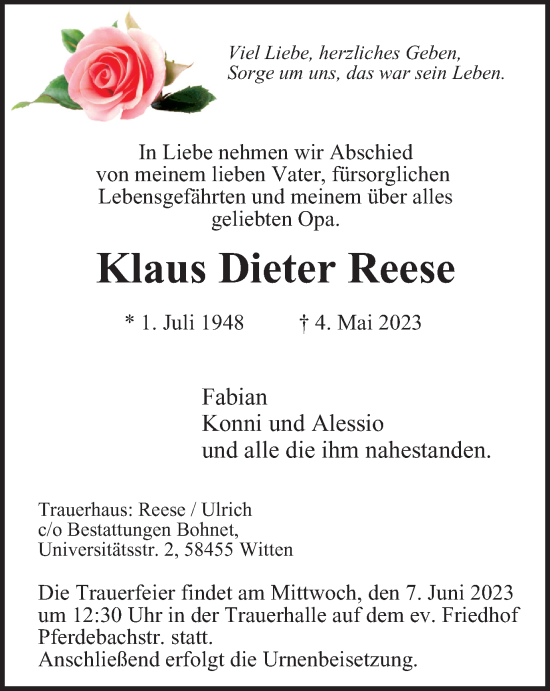Traueranzeige von Klaus Dieter Reese von Tageszeitung