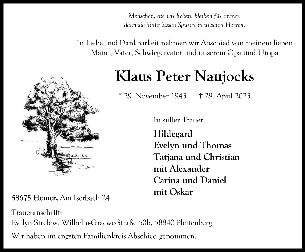  Traueranzeige für Klaus Peter Naujocks vom 20.05.2023 aus Tageszeitung