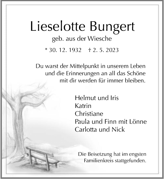 Traueranzeige von Lieselotte Bungert von Tageszeitung