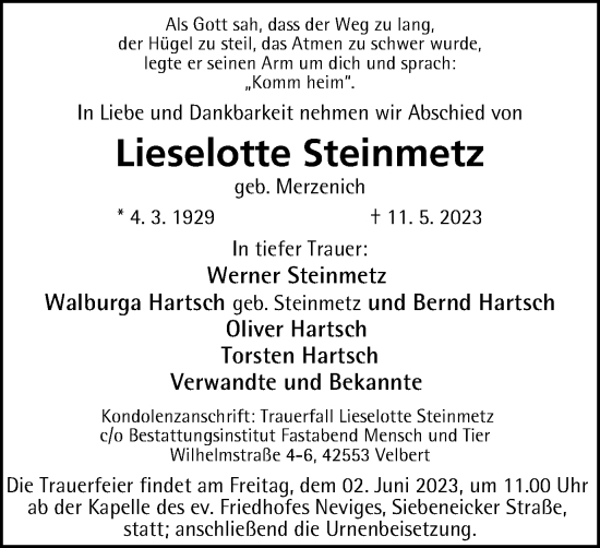 Traueranzeige von Lieselotte Steinmetz von Tageszeitung