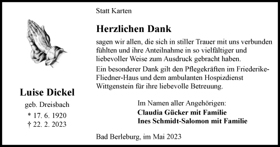 Traueranzeige von Luise Dickel von Tageszeitung
