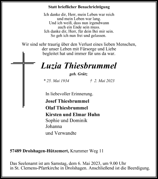 Traueranzeige von Luzia Thiesbrummel von Tageszeitung