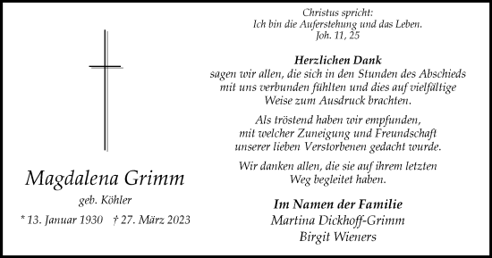 Traueranzeige von Magdalena Grimm von Tageszeitung