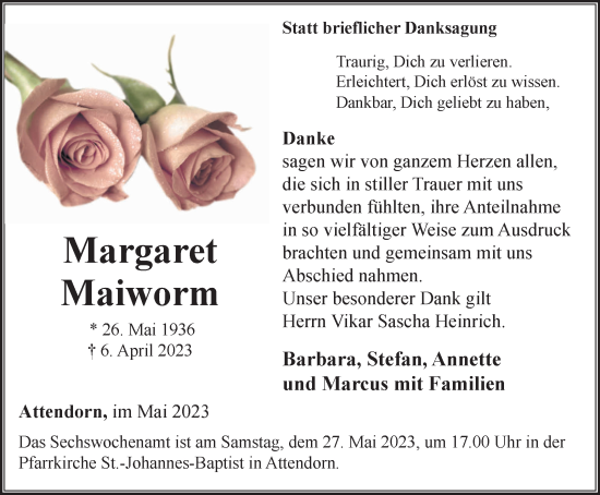 Traueranzeige von Margaret Maiworm von Tageszeitung