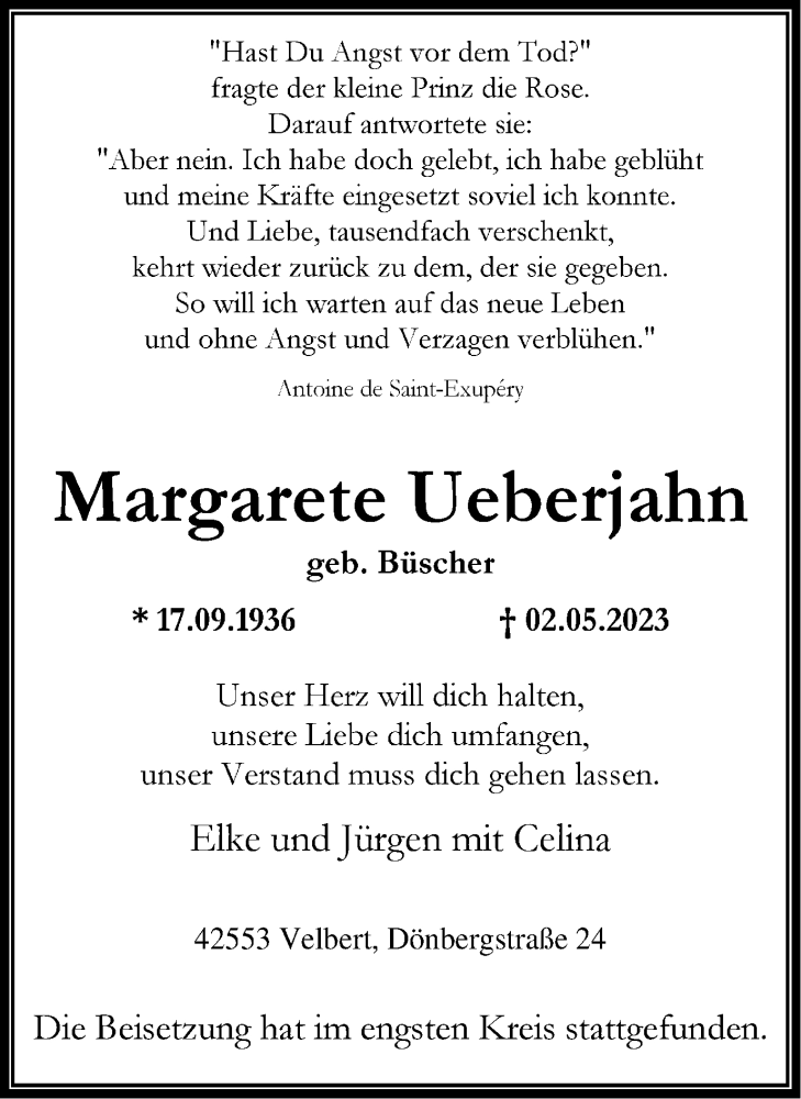  Traueranzeige für Margarete Ueberjahn vom 27.05.2023 aus Tageszeitung