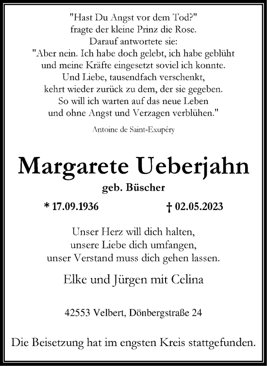 Traueranzeige von Margarete Ueberjahn von Tageszeitung