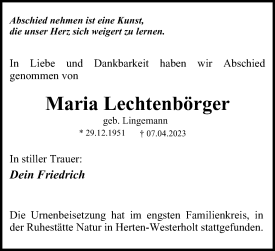 Traueranzeige von Maria Lechtenbörger von Tageszeitung
