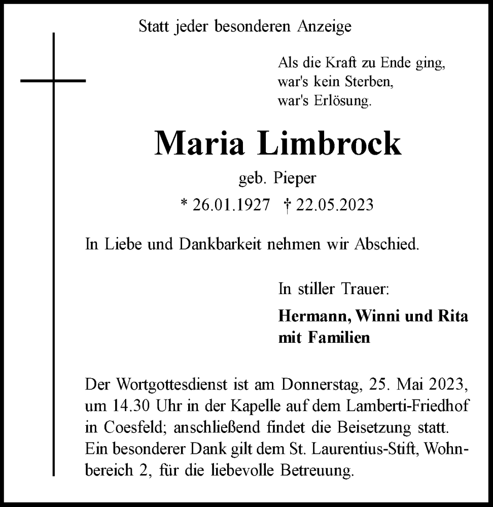  Traueranzeige für Maria Limbrock vom 25.05.2023 aus Tageszeitung