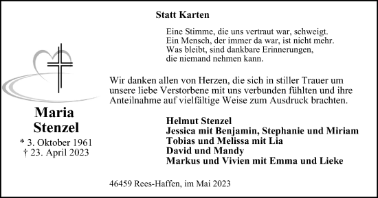 Traueranzeige von Maria Stenzel von Tageszeitung