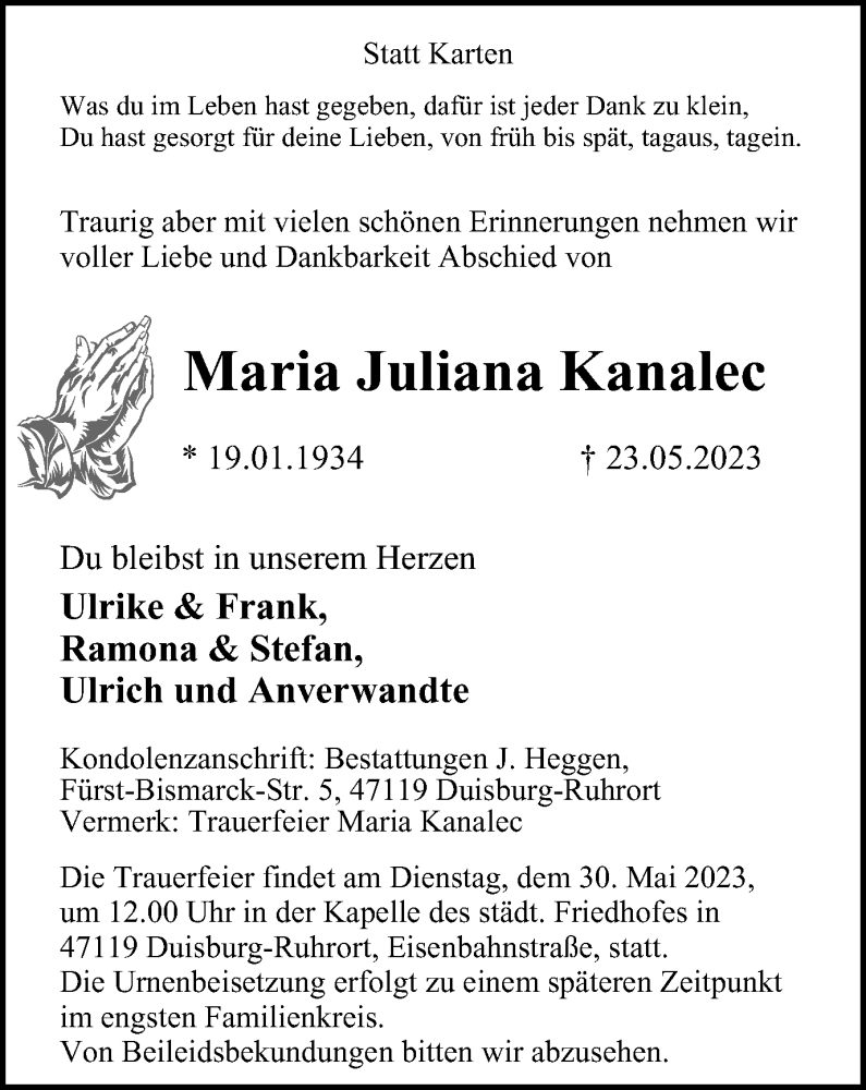  Traueranzeige für Maria Juliana Kanalec vom 26.05.2023 aus Tageszeitung