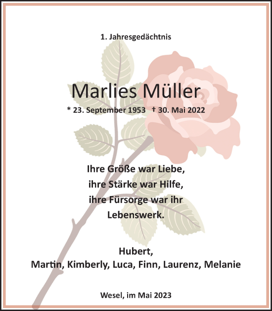 Traueranzeige von Marlies Müller von Tageszeitung