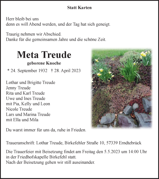 Traueranzeige von Meta Treude von Tageszeitung