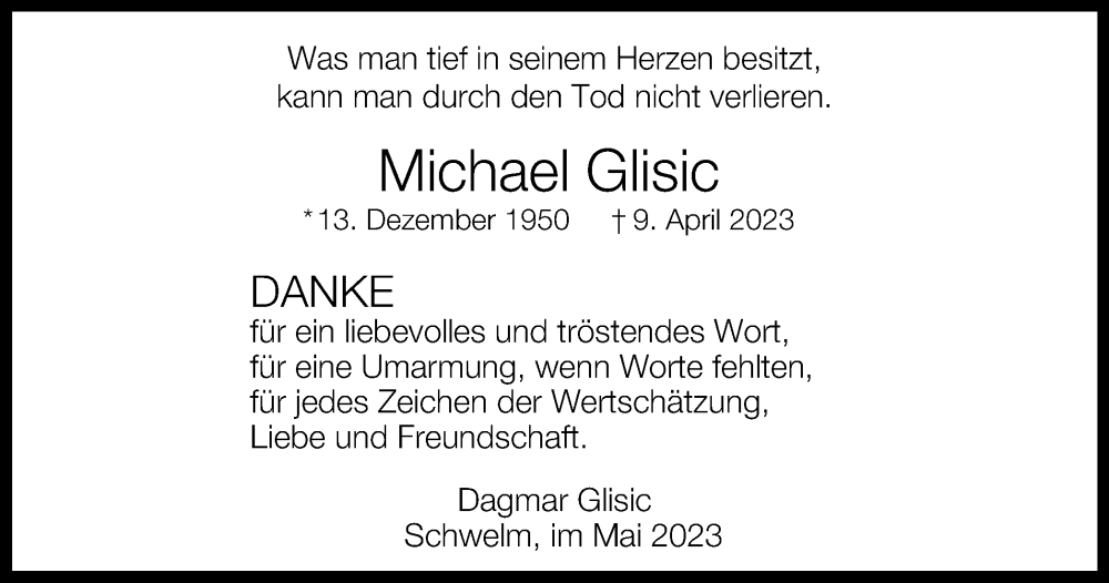  Traueranzeige für Michael Glisic vom 27.05.2023 aus Tageszeitung