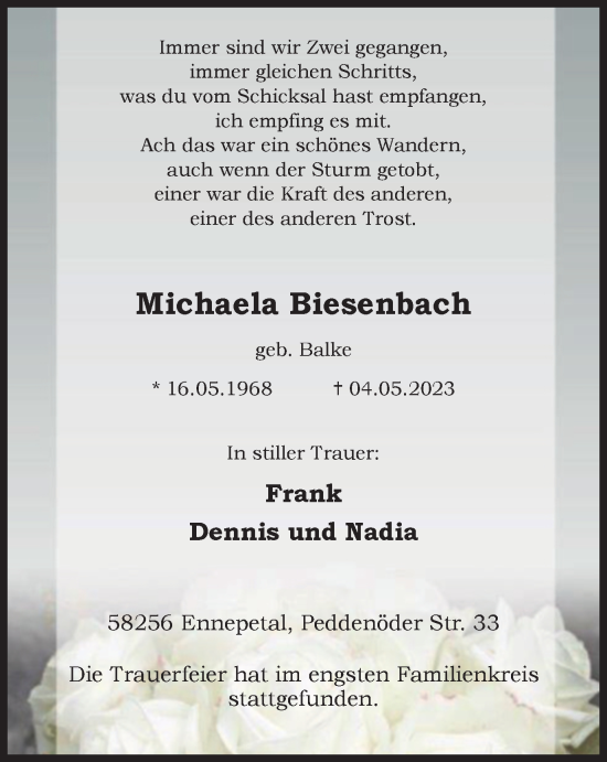 Traueranzeige von Michaela Biesenbach von Tageszeitung