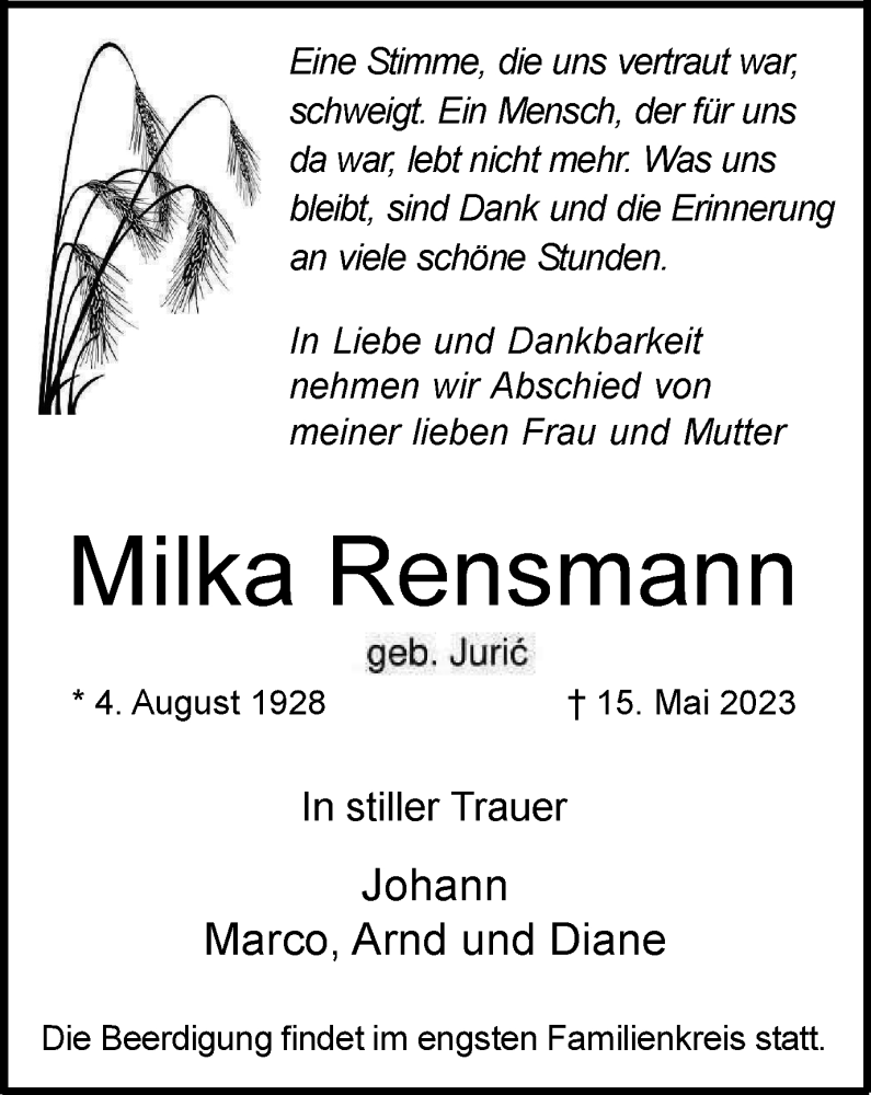  Traueranzeige für Milka Rensmann vom 30.05.2023 aus Tageszeitung