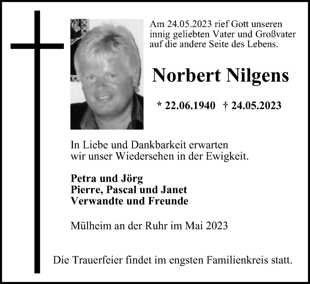  Traueranzeige für Norbert Nilgens vom 27.05.2023 aus Tageszeitung
