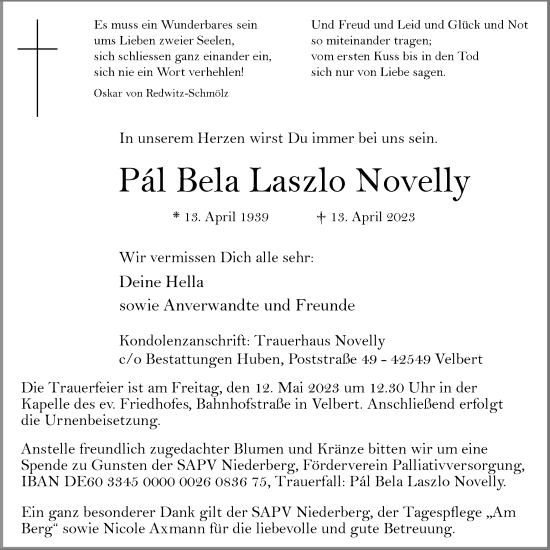 Traueranzeige von Pal Bela Laszlo Novelly von Tageszeitung