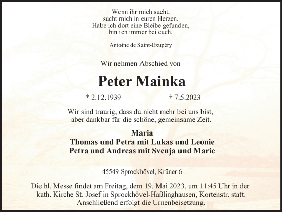 Traueranzeige von Peter Mainka von Tageszeitung