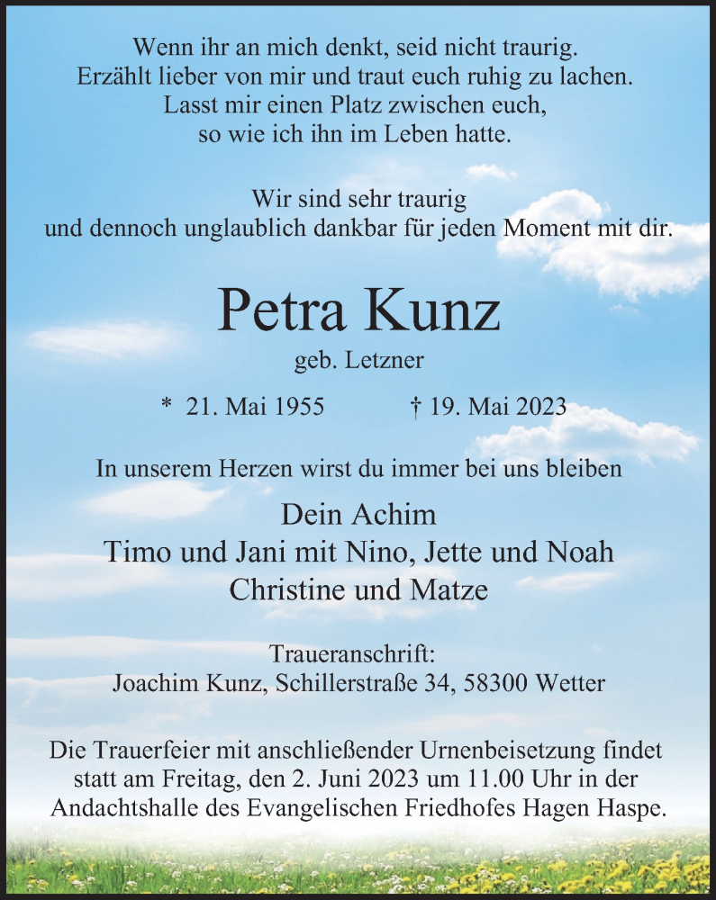  Traueranzeige für Petra Kunz vom 30.05.2023 aus Tageszeitung