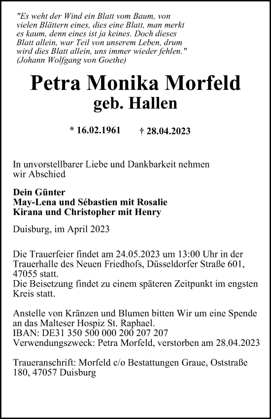 Traueranzeige von Petra Monika Morfeld von Tageszeitung