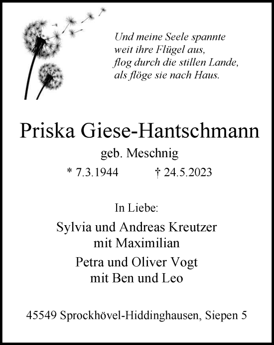 Traueranzeige von Priska Giese-Hantschmann von Tageszeitung