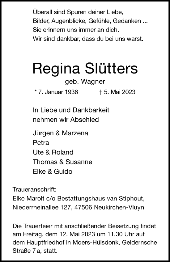 Traueranzeige von Regina Slütters von Tageszeitung