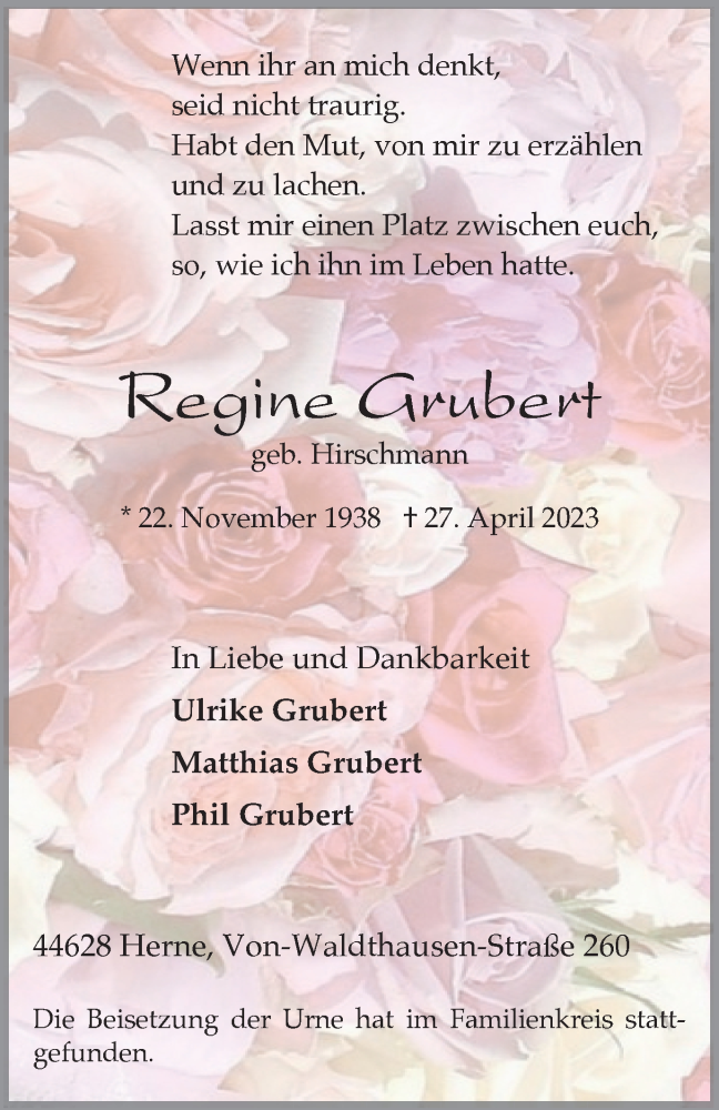  Traueranzeige für Regine Grubert vom 27.05.2023 aus Tageszeitung