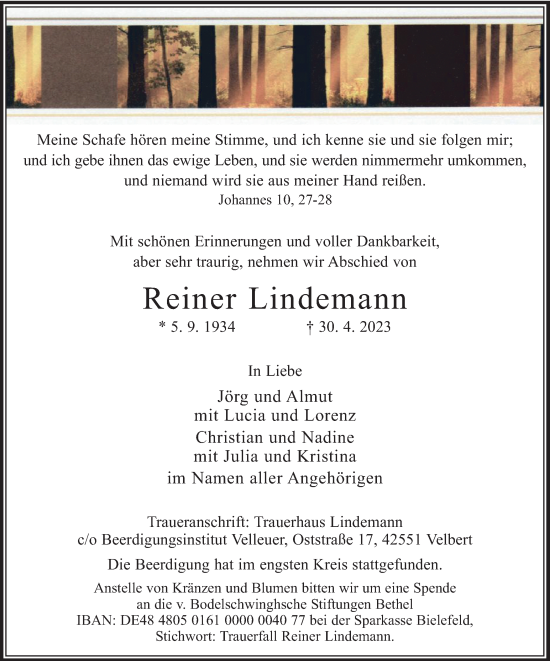Traueranzeige von Reiner Lindemann von Tageszeitung