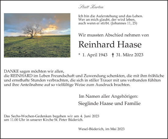 Traueranzeige von Reinhard Haase von Tageszeitung