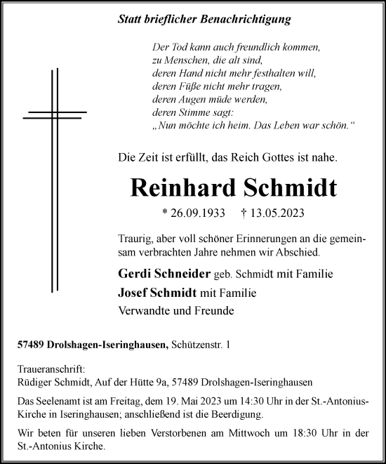 Traueranzeige von Reinhard Schmidt von Tageszeitung