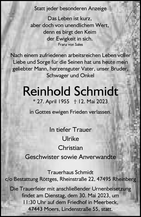 Traueranzeige von Reinhold Schmidt von Tageszeitung