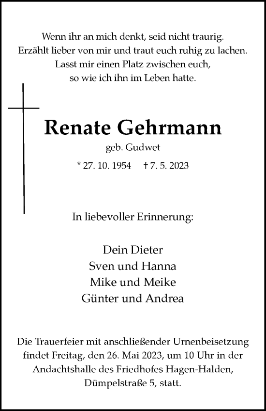 Traueranzeige von Renate Gehrmann von Tageszeitung