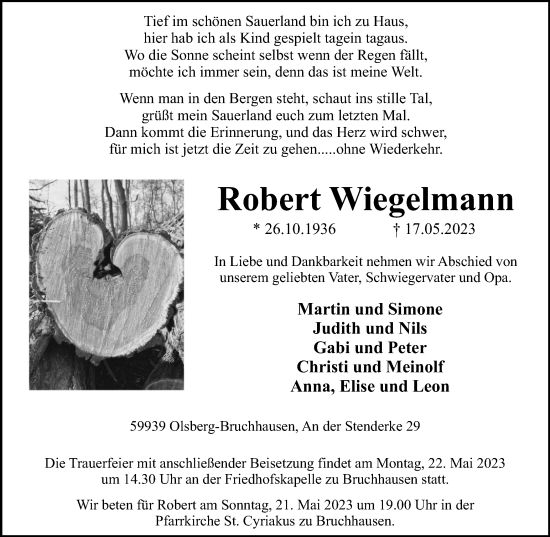 Traueranzeige von Robert Wiegelmann von Tageszeitung