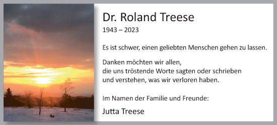 Traueranzeige von Roland Treese von Tageszeitung