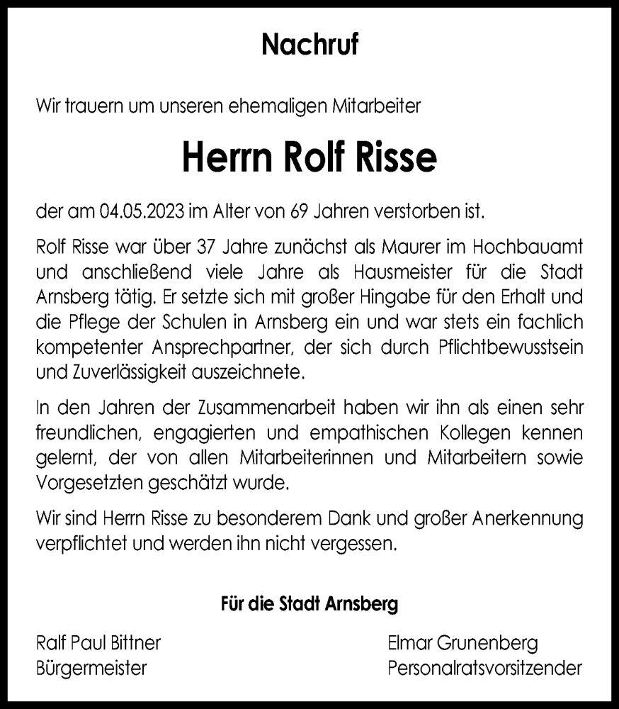  Traueranzeige für Rolf Risse vom 26.05.2023 aus Tageszeitung