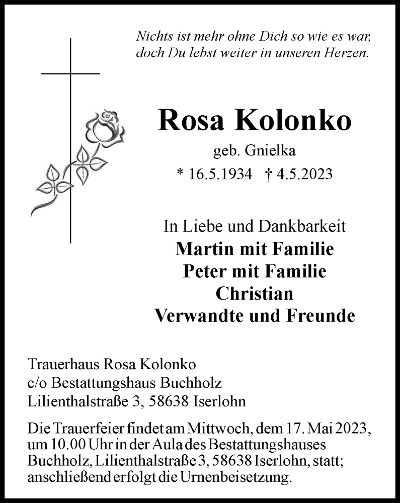  Traueranzeige für Rosa Kolonko vom 13.05.2023 aus Tageszeitung