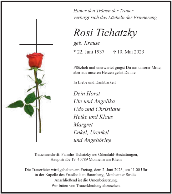 Traueranzeige von Rosi Tichatzky von Tageszeitung