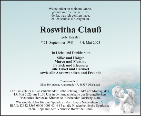 Traueranzeige von Roswitha Clauß von Tageszeitung